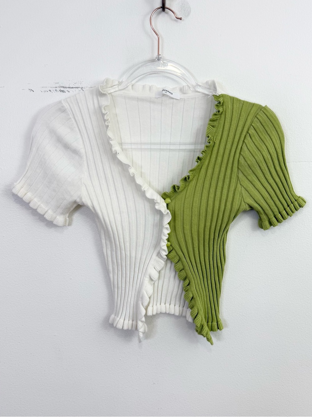 Peppermayo Colorblock Rib Knit Wrap Top Green White Ruffle Trim S/M